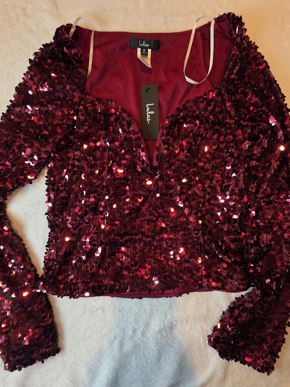 Lulu's Wine Red Sequin V-Neck Long Sleeve Top